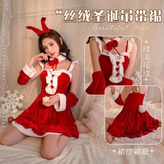 Velvet christmas lingerie set - festive new year lolita sleepwear & matching robe outfit showcases a festive red and white de...