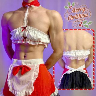 Sexy christmas maid costume set featuring red and white ruffled top with apron, perfect holiday attire for women.