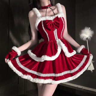 Red christmas dress with white fur trim, featuring a bow and lace details, perfect for festive occasions.