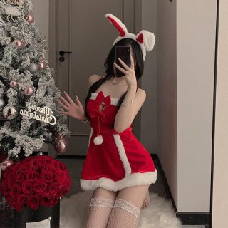 Sexy red christmas-themed velvet lingerie set featuring a festive sleep dress with bunny ears, perfect for new years eve role...