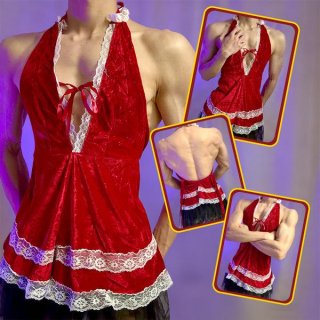 Sexy red lace velvet halter dress with backless design, perfect for festive occasions or evening wear.