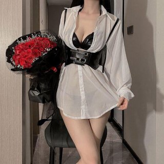 White lace sexy uniform set featuring long sleeve shirt with strap harness, perfect for role play and cosplay.