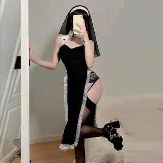 Sexy nun costume set featuring a lacy role play outfit with high slit sleep dress and cosplay ensemble for adults.