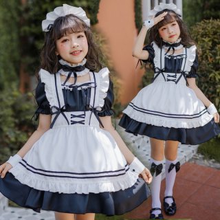 Japanese girl wearing a cute black maid dress with white accents, perfect for kids aged 3-12. features ruffles and bows, idea...