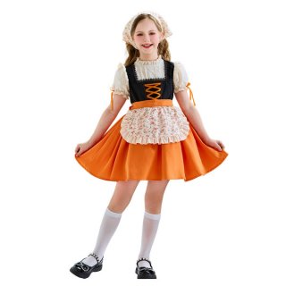 A young girl wears a vibrant bavarian dirndl dress, perfect for oktoberfest celebrations. the outfit features an orange skirt...