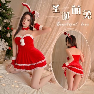 Sexy christmas bunny girl dress - red velvet with lace trim, naughty holiday lingerie set