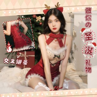 Woman wearing a red christmas fuzzy sheer lace set with reindeer antlers, perfect for holiday parties and cosplay.