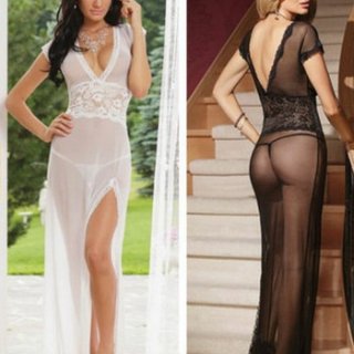 European-style sheer lingerie set featuring a sexy transparent mesh sleep dress in white, medium size, with elegant lace deta...
