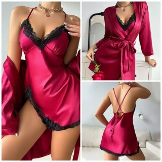 Sexy red satin sleep dress with black lace trim and matching robe, elegant two-piece loungewear set for women.