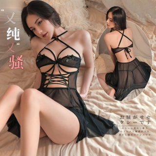 Woman wearing fan lei original sexy lingerie sleep dress – a sheer black halter mini nightgown with lace-up front and flowing...