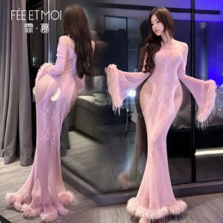 Feimu night banquet mesh bodysuit - seductive fish tail sheer lace thong dress with backless cutouts, elegant design featurin...