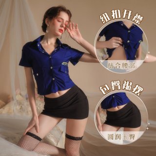 Woman modeling a blue short-sleeve shirt and black mini skirt airline hostess costume set with fishnet stockings.