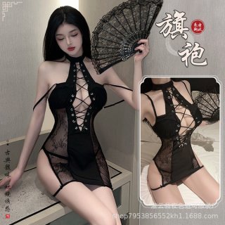 Flirty sheer cheongsam lingerie set - sexy uniform sleepwear for small bust, bedroom temptation outfit