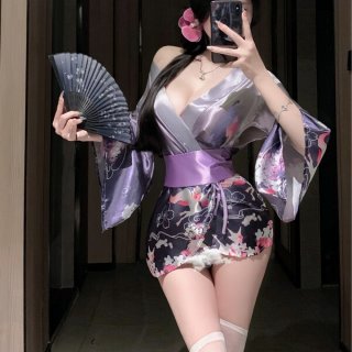 A woman poses with a fan, wearing a japanese kimono-style lingerie set featuring floral patterns and a purple sash. perfect f...