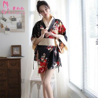 A beautiful woman wearing a black floral japanese kimono lingerie set, perfect for role play and adult costumes.