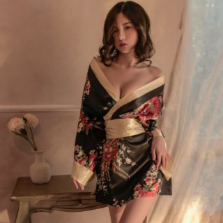 A woman wears a japanese-style lingerie kimono set, featuring floral patterns and elegant design, perfect for cosplay or erot...