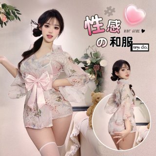 Japanese-style sexy lingerie set featuring a delicate kimono robe with a charming pink bow detail, perfect for elegant sleepw...