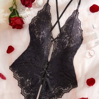 Luxury lace bodysuit featuring sheer elegance with intricate floral patterns, perfect for women seeking stylish and elegant f...