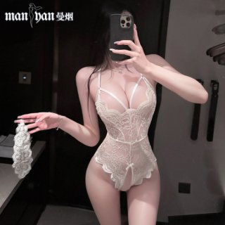 Woman in white lace bodysuit with open crotch and straps, holding matching garter, showcasing seductive lingerie design.