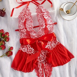 Lace sheer bodysuit for women featuring sexy european style design with full-body transparent lace and red ribbon accents.
