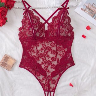 Sexy lace sheer bodysuit for women, featuring intricate floral patterns and delicate straps, perfect for european style eroti...