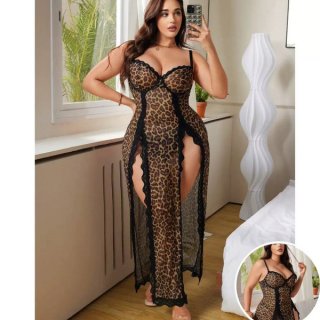 Leopard print sheer lace chemise set - sexy bridal lingerie nightwear for women, featuring elegant design with sheer fabric a...