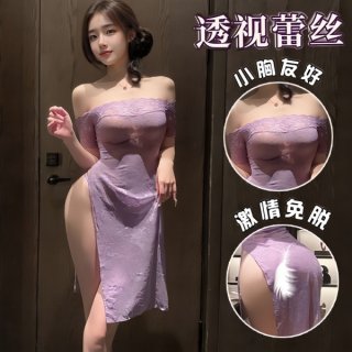 Woman wearing purple lace split long dress lingerie set with sheer fabric and high slit, shown in full view and close-up deta...