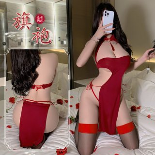 Sexy high-slit long dress with lace cut-outs, perfect nightwear set featuring elegant design and vibrant red color.