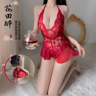 Sexy lace bodysuit for women, open-crotch design, sheer long dress, elegant and feminine nightwear.