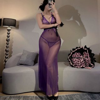 Seductive sheer lace lingerie set featuring a sexy mesh bodysuit and long sheer skirt, perfect for women seeking elegance and...