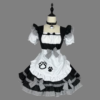 Cute maid costume cosplay dress featuring black and white checkered ruffles, bow ties, and paw prints, perfect for anime cat ...