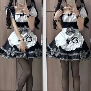 Cute maid costume cosplay dress featuring cat ears, soft lolita design with ruffles and bows, perfect for anime girls and sof...