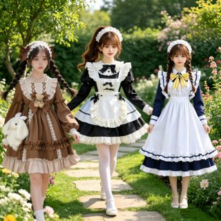 Three women wearing maid dresses stroll through a garden, showcasing sweet lolita styles with ruffles and bows. plus-size opt...