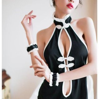 Elegant vintage cheongsam sleepwear set featuring high-slit backless design, mandarin collar, and frog closures for a classic...