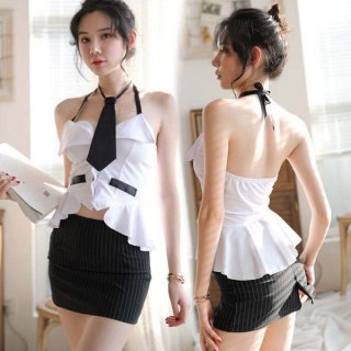 Mannyqing secretarial costume set featuring a strapless tie blouse with ruffles, paired with a backless striped mini skirt, p...