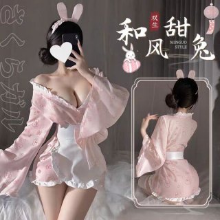 Sexy bunny maid costume with kimono robe, cute pink rabbit print, perfect for fun and fun activities