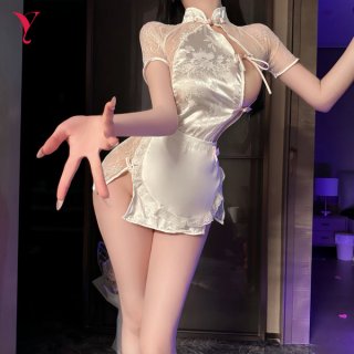 Sexy lace cheongsam nightwear set with split hem design, perfect for club or bedroom use.