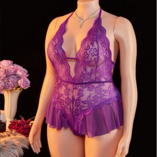 Vibrant purple lace bodysuit featuring halter neck design, cut-outs, and sheer fabric, perfect for women seeking elegant slee...