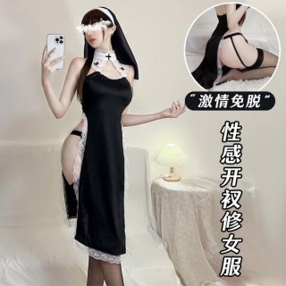 Woman modeling black plus size punishment nun lingerie set with cut-outs, high slit, and lace trim for sexy role play.