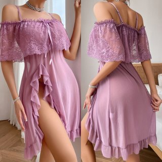Plus size sexy lace sleepwear set - sheer off-shoulder nightgown for women, transparent romantic lounge dress with lace detai...