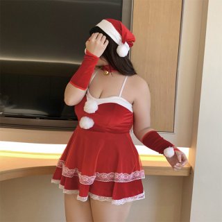 Sexy plus size holiday outfit featuring festive red dress with lace trim, santa hat, and pom-pom accents perfect for christma...