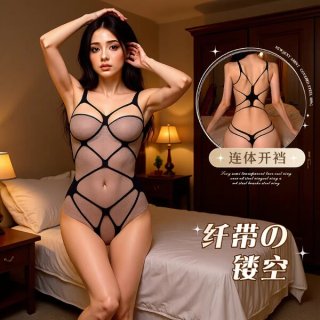 A woman poses in a sheer mesh bodysuit with an open back design, featuring intricate lace patterns and straps. the outfit hig...