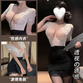 Woman modeling pure & alluring lingerie set – sheer lace top with pencil skirt, qqny brand, elegant secretary style sleepwear...