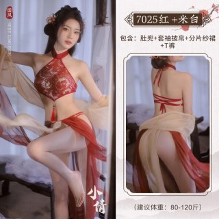Vintage chinese hanfu lingerie set featuring dunhuang flying phoenix embroidery, with a halter bodice and gauzy skirt design.