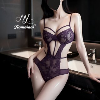 Woman modeling purple lace lingerie set in bathroom - sheer bra and high-waist panties with floral detailing.