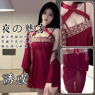 Woman modeling red hanfu-style lingerie set with sheer fabric, embroidered trim, and open-crotch design for cosplay or sleepw...