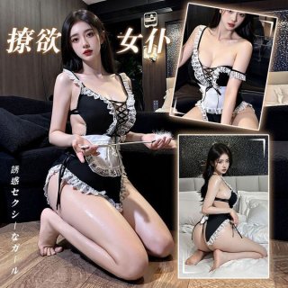 Pure & seductive maid costume - lace sexy role play sleep dress with detachable apron & headband