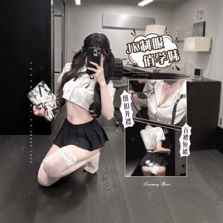 Sexy schoolgirl uniform set featuring a plunging top and pleated skirt, perfect for couples seeking a naughty campus-themed l...
