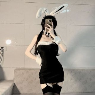 Rabbit girl costume set featuring plush bunny ears, fluffy tail, and black dress with thigh-high stockings for cosplay and ro...