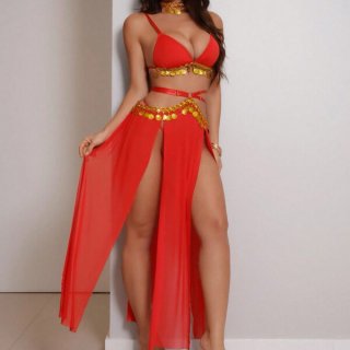 Sexy red rabbit girl costume set featuring intricate gold belts and flowing fabric, perfect for role play, cosplay, or bedroo...